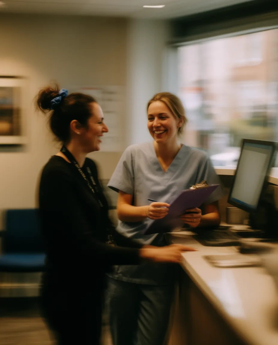 A practice manager and a nurse talking over a clipboard at a reception desk
