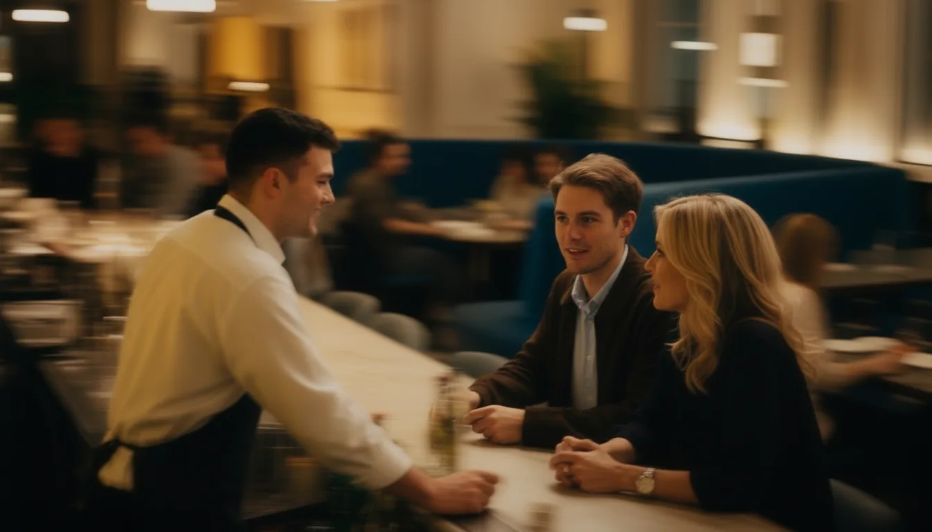 A waiter taking an order from two guests in a busy restaurant