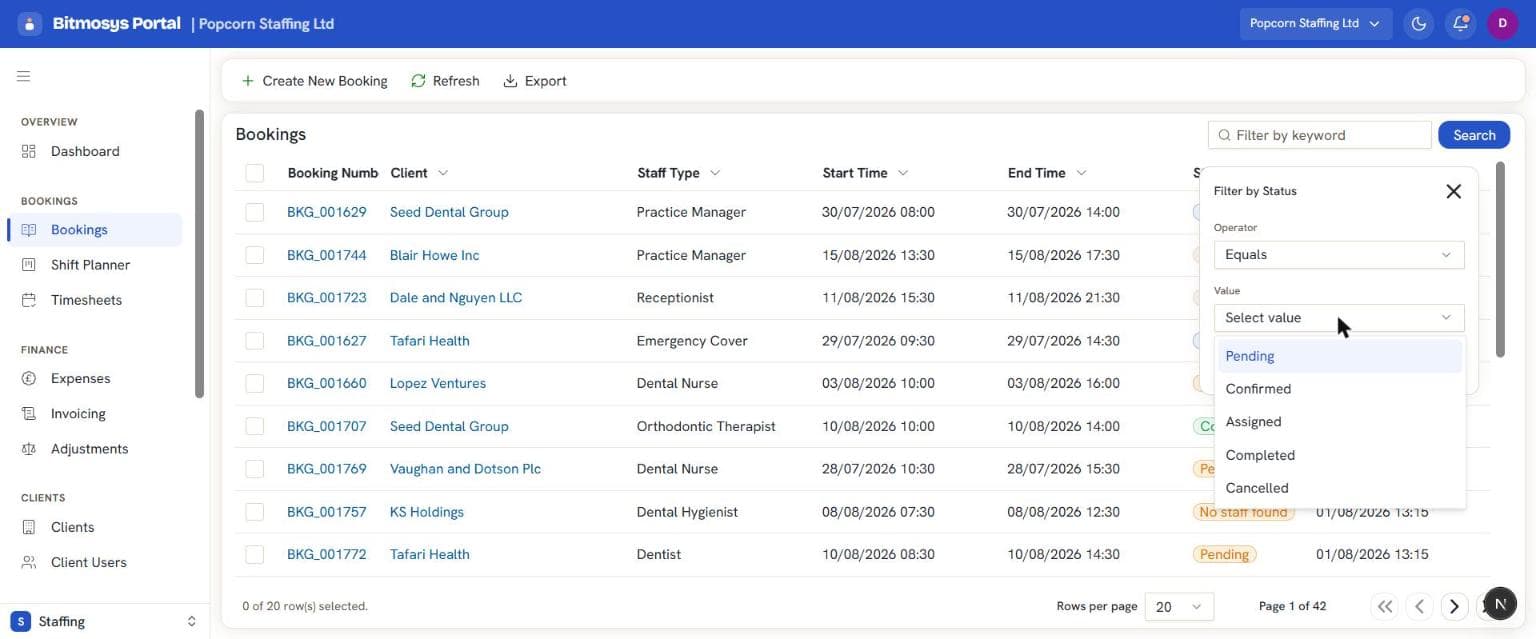 The Status column filter open, showing the five status options
